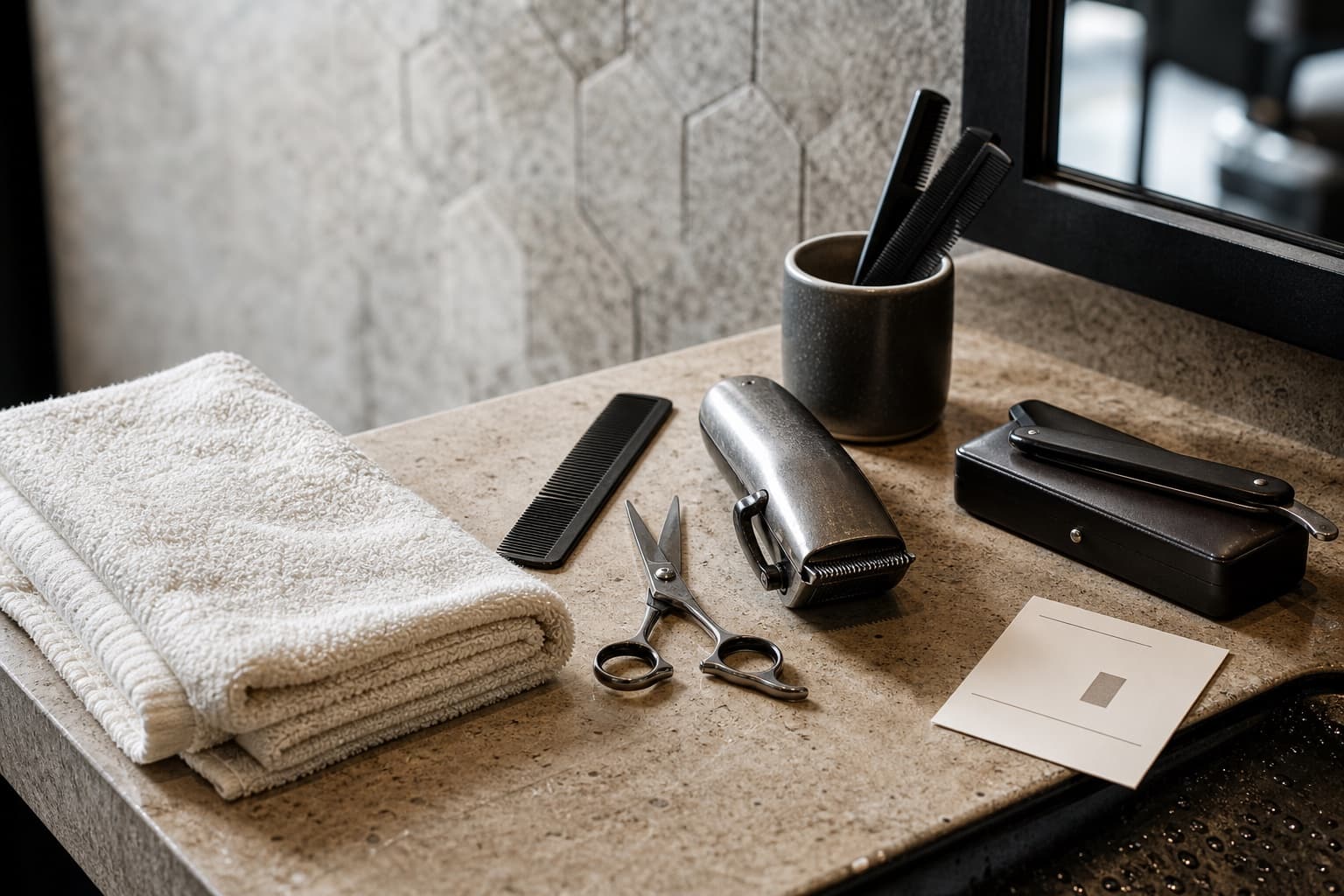 Folded towels, clippers, combs, and scissors arranged on a stone barbershop counter.