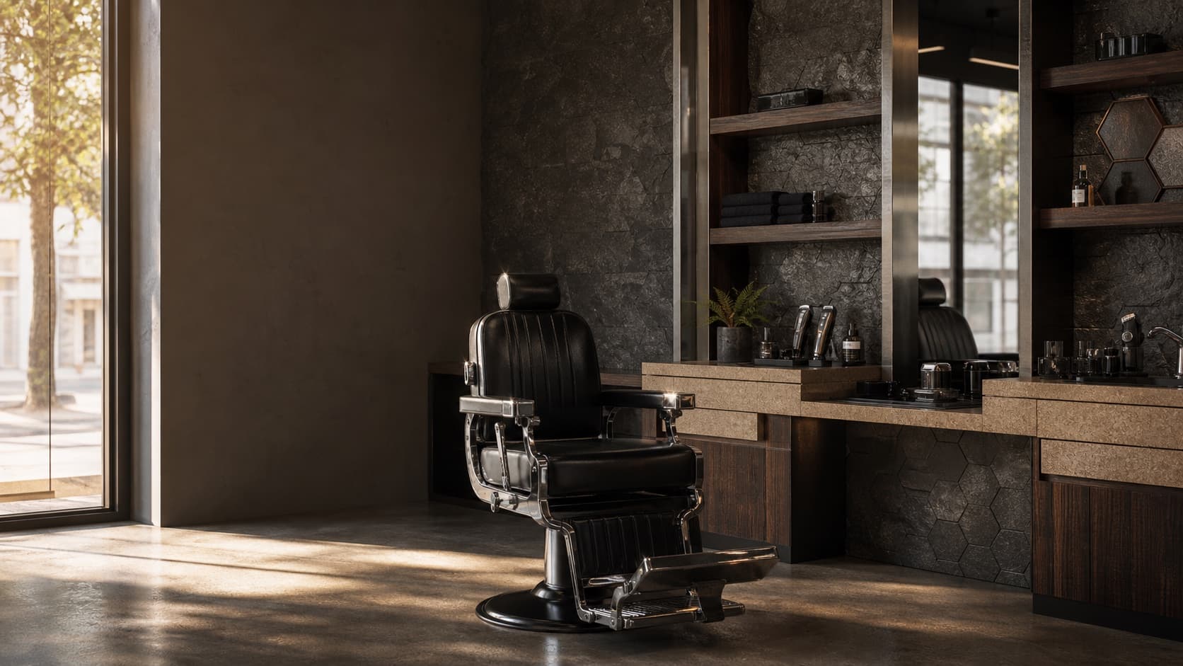A black barber chair in a modern stone-lined barbershop with warm afternoon light.